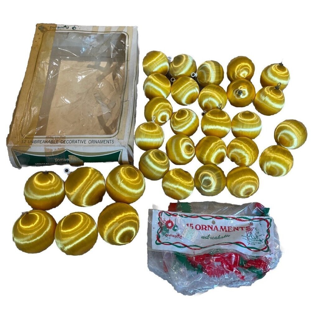 Vintage Pyramid Satin Sheen Christmas Ornaments Balls Gold Small Large Lot of 30